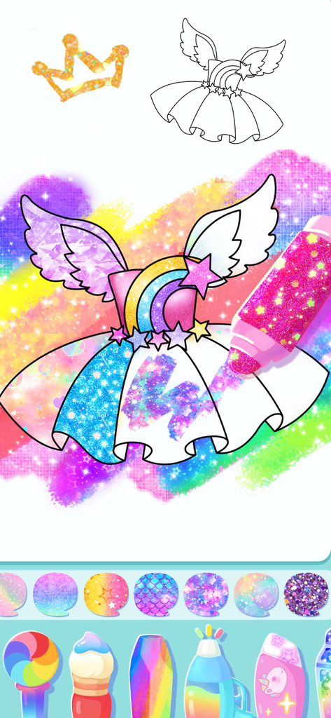 A pink glitter marker coloring a rainbow winged dress in a princess fashion design app