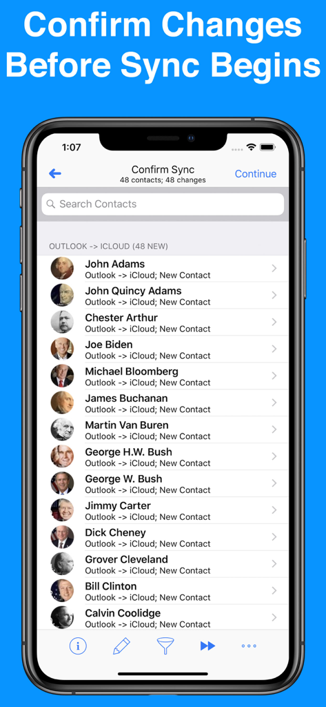 Contacts Mover - Contacts Mover app interface showing a list of contacts to be synced from Outlook to iCloud with a confirm changes heading