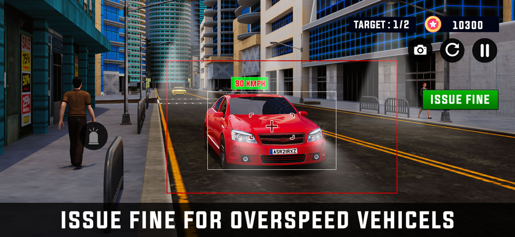Police Simulator Games 2024 - Gameplay de Simulador de Polícia mostrando a detecção de velocidade de um carro vermelho e a emissão de uma multa.