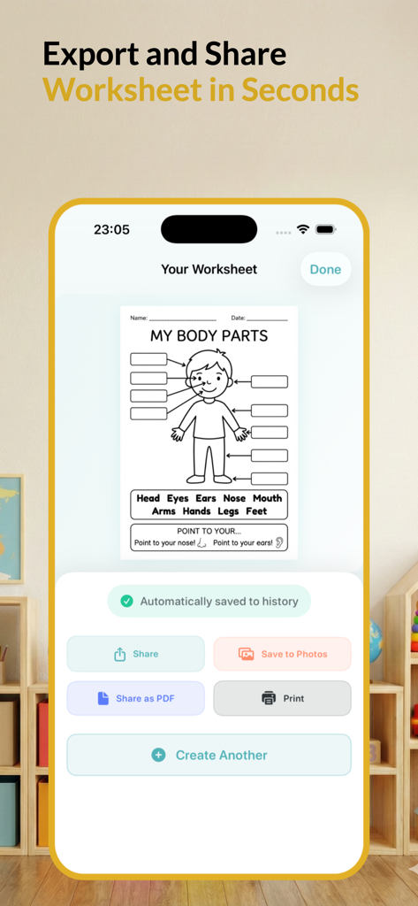 Education AI: WorkSheets Maker - Eine mobile Benutzeroberfläche der Education AI-App, die Optionen zum Teilen, Drucken oder Speichern eines benutzerdefinierten Arbeitsblatts „Meine Körperteile“ anzeigt.