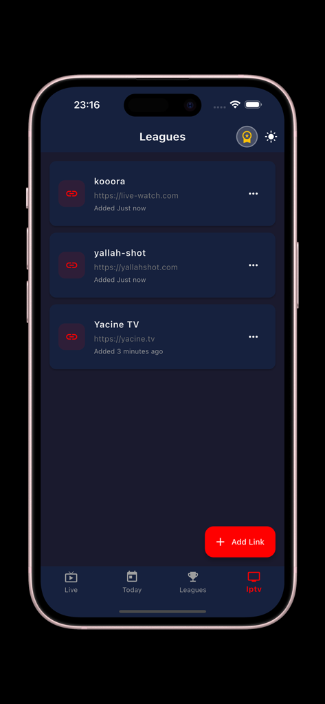 Yacine TV - ياسين تيفي - Yacine TV app interface displaying a list of sports streaming links in dark mode
