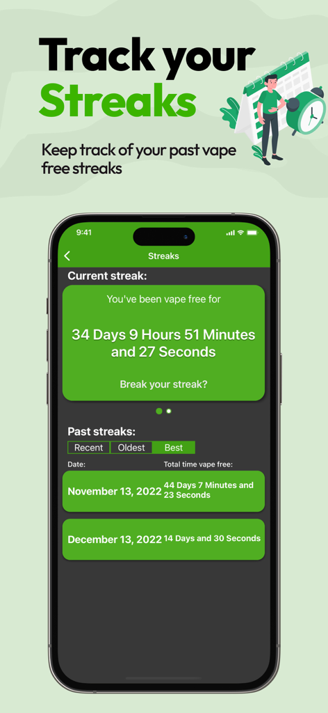 Quit Vaping - Interface da app Deixe o Vaping mostrando uma sequência atual de 34 dias e histórico de períodos anteriores sem vape.