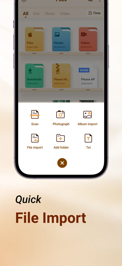 Space Cleaner: File Manager - Menú de importación rápida de archivos en la app Space Cleaner con opciones para escanear, fotografiar e importar archivos o álbumes