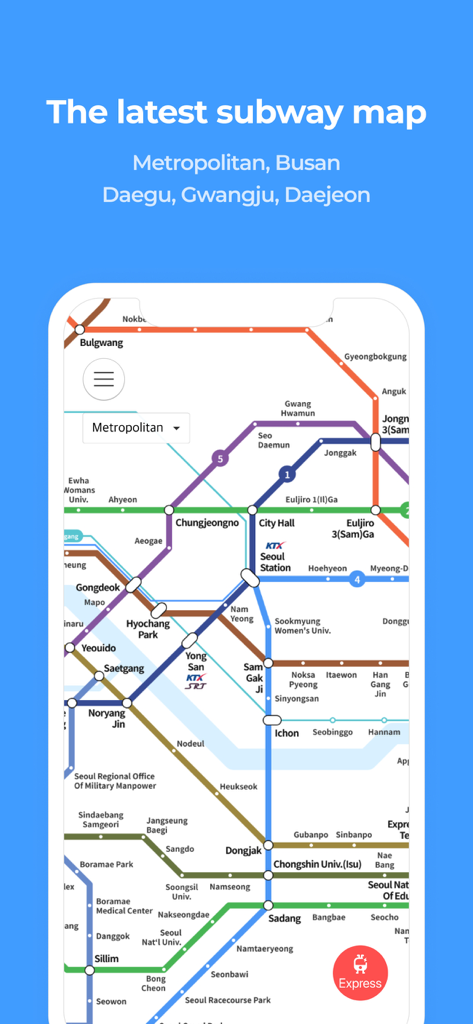 Detailed Seoul subway map in English within the Korea Subway Map app interface