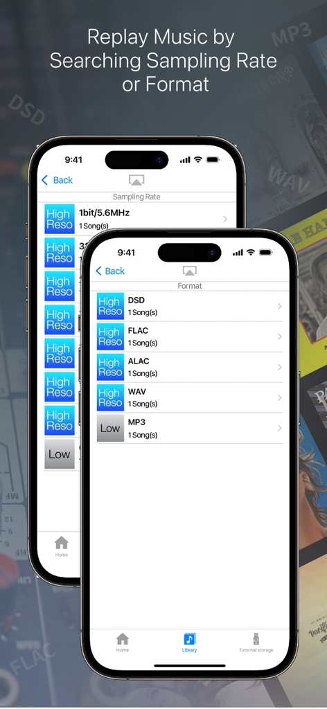 NePLAYER app interface showing music library sorting by sampling rate and file formats including DSD, FLAC, and ALAC
