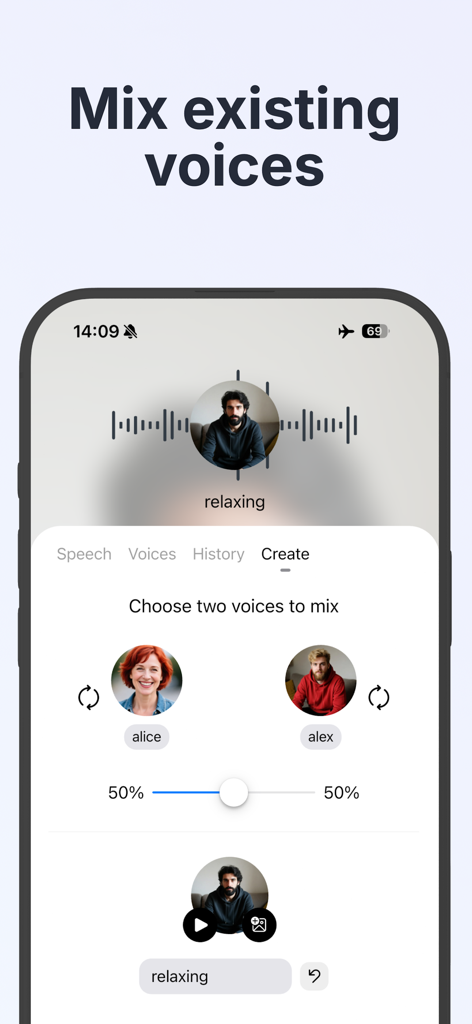 Koro Voices: Text to speech - Interfaz de la aplicación Koro Voices que muestra un control deslizante para mezclar dos voces IA para una salida de texto a voz personalizada.