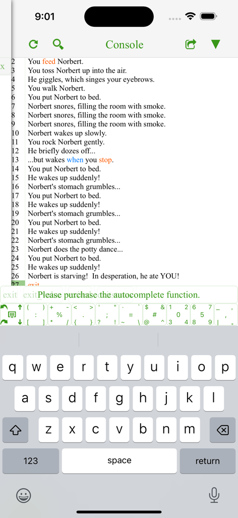 Ruby IDE Fresh Edition - Console view in the Ruby IDE app showing program logs and an integrated coding keyboard