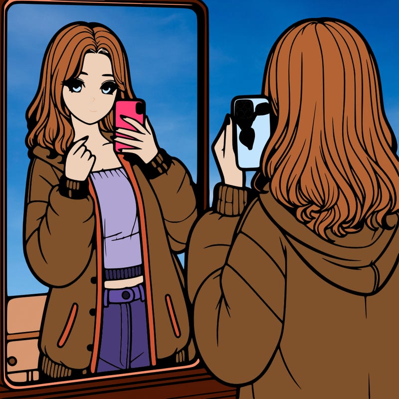 a girl holding her phone and taking a picture at a mirror realistic