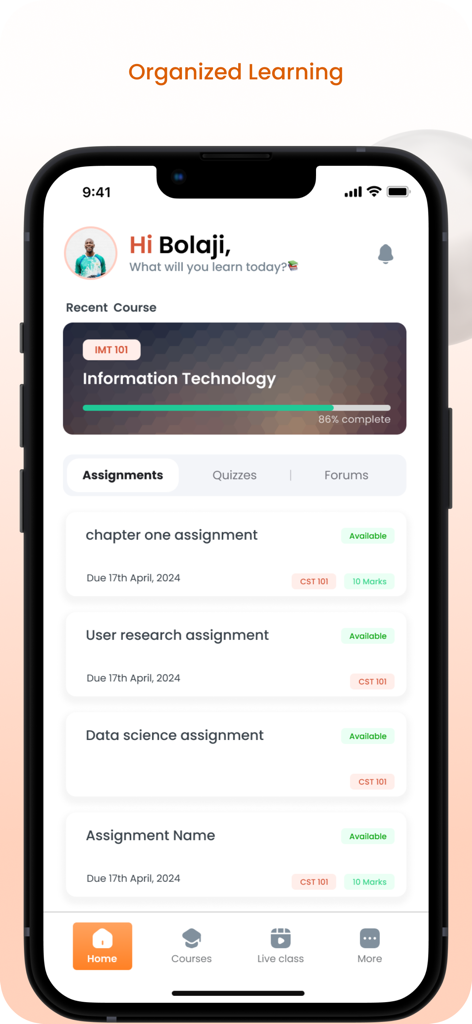 Ediify LMS - Ediify LMSモバイルアプリケーション。コースの進捗状況と今後の課題リストを示す学生ダッシュボードを表示