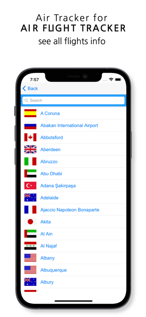 Air Flight Tracker - A searchable list of international airports with national flags inside the Air Flight Tracker app