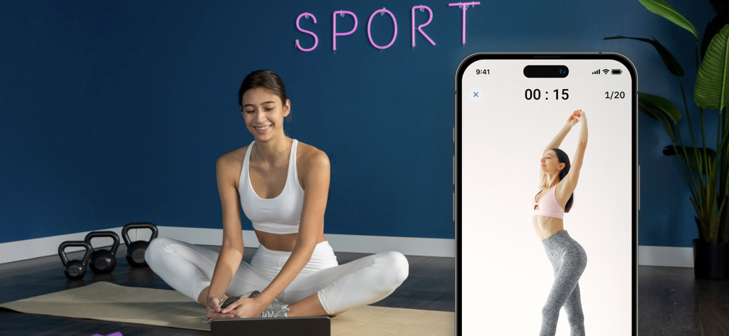 Woman performing a butterfly stretch on a yoga mat with a fitness app screen showing a guided stretching routine