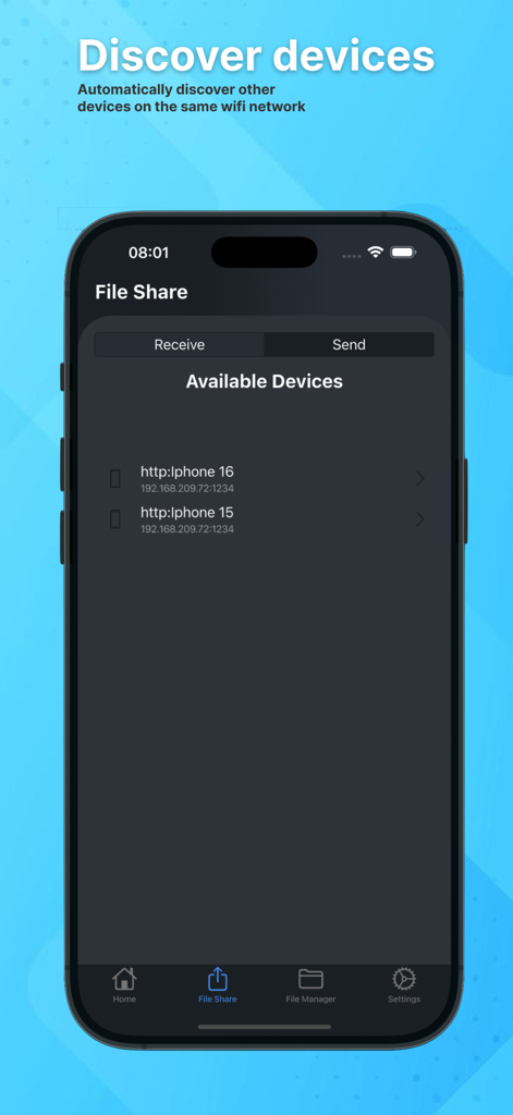 WiFi File Transfer: TECHPRD - Una pantalla dentro de la aplicación Transferencia de Archivos WiFi mostrando una lista de dispositivos disponibles descubiertos en la misma red local para enviar o recibir archivos.