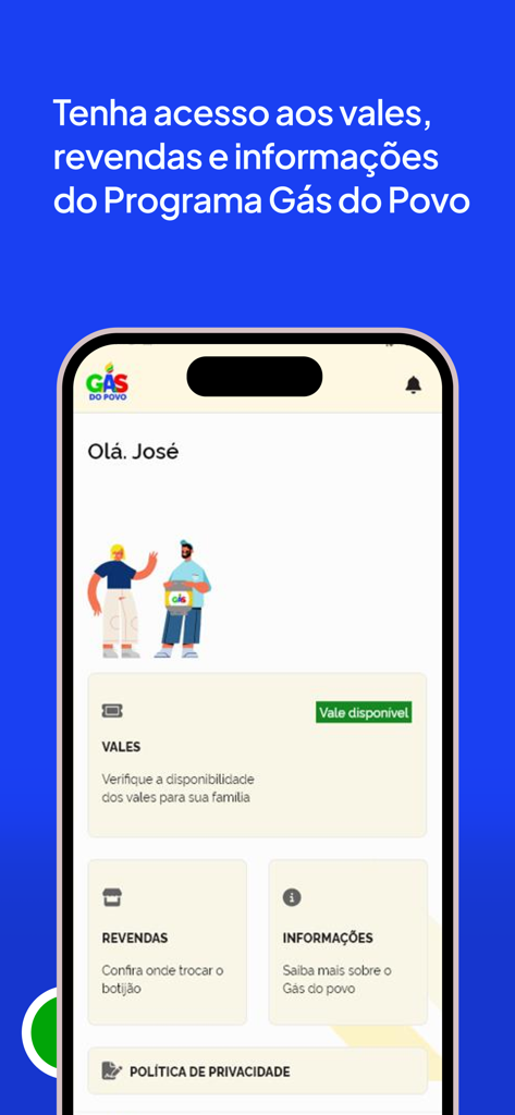 Home screen of the Meu Social Gás do Povo app showing gas voucher availability and program information