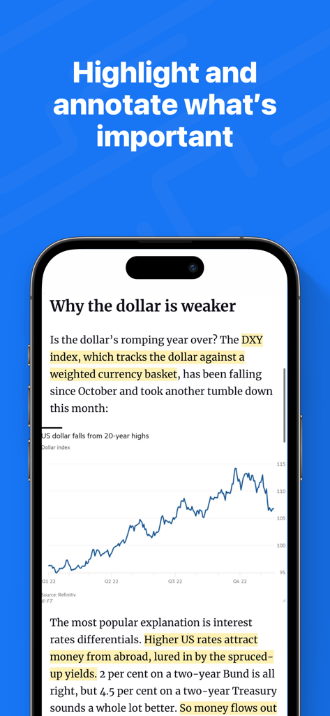 Inoreader mobile app interface showing a news article with highlighted text and a financial chart