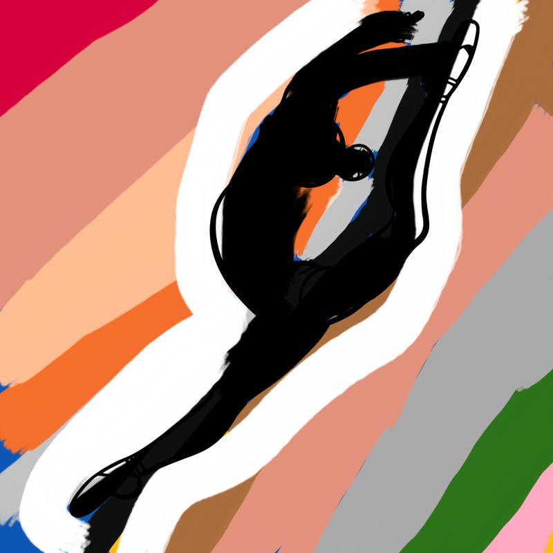 gymnast doing a leap in a leotard with a bent back leg