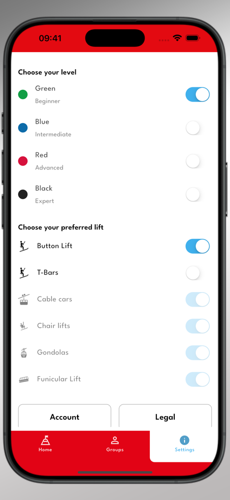 Écran des paramètres de l'application Piste Mapper montrant les options de choix des niveaux de compétence en ski et des types de remontées mécaniques préférés.