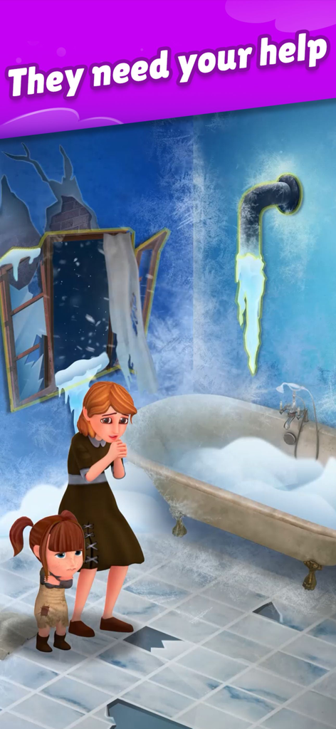 Home Pin 3: Homeless Adventure - A woman and a young girl shivering in a freezing dilapidated bathroom with ice on the walls and the text They need your help