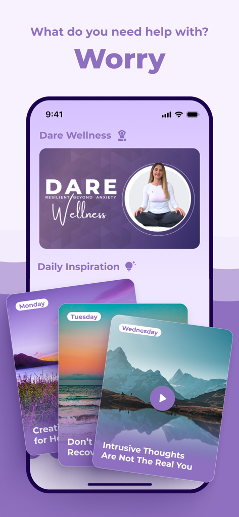 Interfaccia dell'app Dare che mostra programmi di benessere per la preoccupazione e schede di ispirazione quotidiana per il sollievo dall'ansia