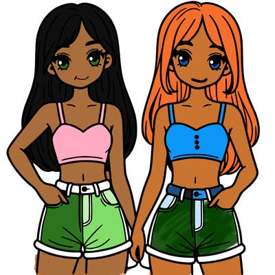 two sisters with crop tops and jean shorts and straight hair