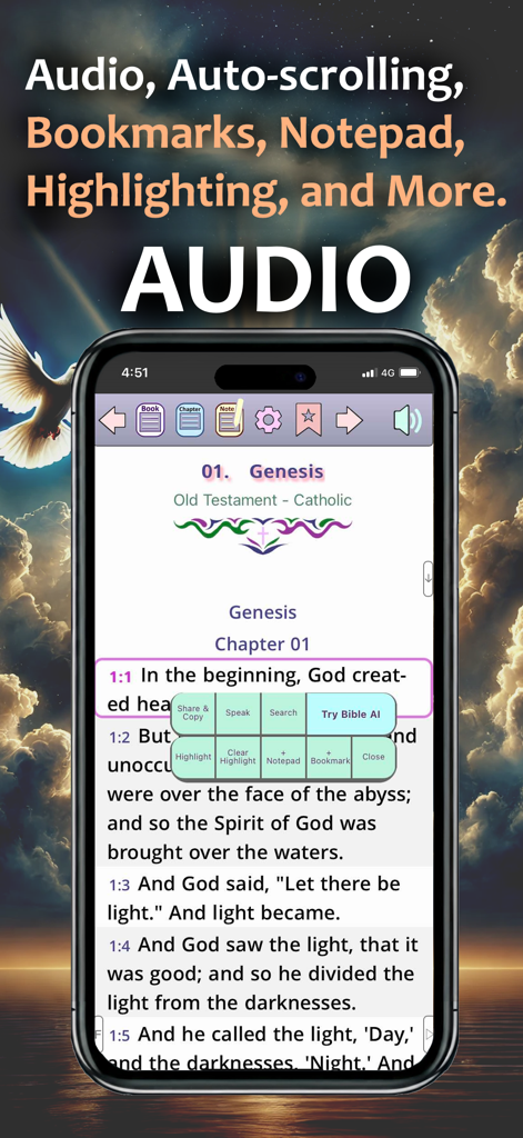 Captura de pantalla de la aplicación móvil Biblia Católica PRO mostrando funciones de audio y herramientas de lectura para el libro de Génesis.