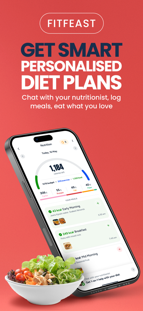 FITPASS - Fitness & Wellness - 개인 맞춤형 식단 계획과 칼로리 추적을 보여주는 FITFEAST 앱 화면.
