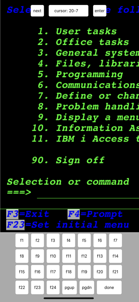 TN5250 - Mobile screen of TN5250 terminal emulator showing an IBM iSeries green screen menu and a specialized function key keyboard.