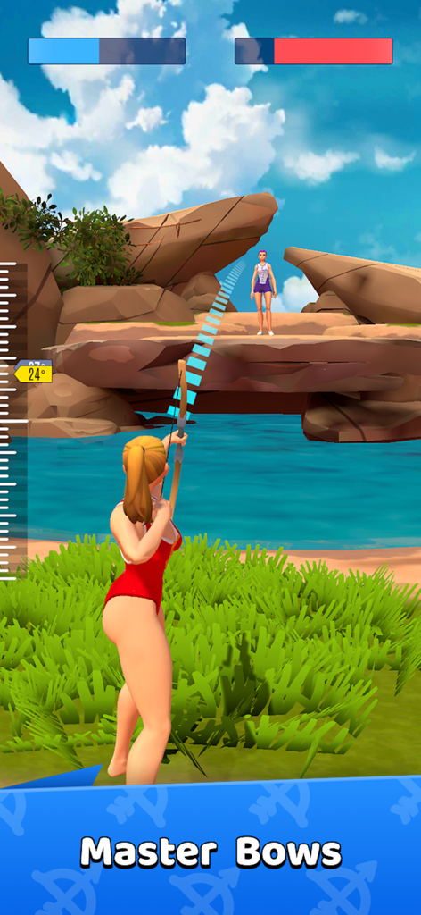 Archery Clash! - 熱帯の風景を挟んで相手に弓を構える女性キャラクターが登場する、Archery Clash！の3Dアーチェリーデュエル。