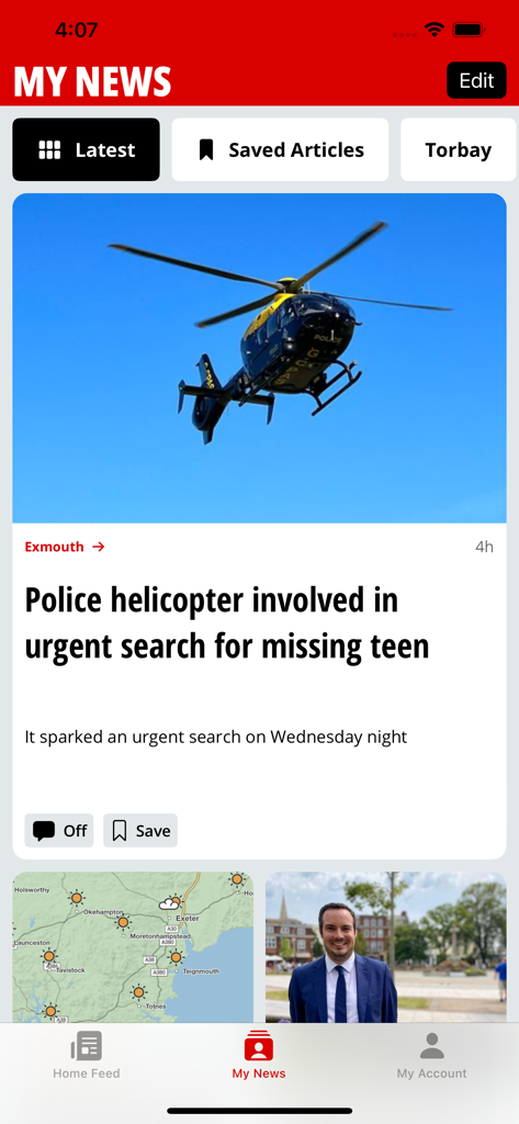 Devon Live - Devon Live app My News screen showing a local breaking news story about a police helicopter search in Exmouth.