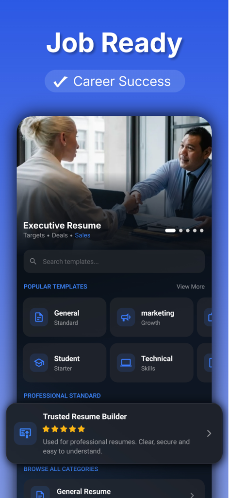 Resume Builder – Job CV Maker - Aplicación profesional de creación de currículums que muestra plantillas de solicitud de empleo para diferentes industrias.