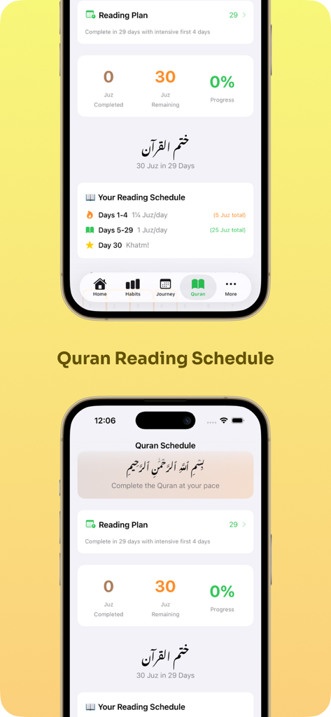 Ramadan Planner: Track & Pray - Quran reading schedule and progress tracker interface in the Ramadan Planner app