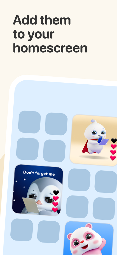 Friends – Raise AI Companions - Ein Handybildschirm, der verschiedene KI-Begleiter-Widgets von der Friends-App auf dem Homescreen anzeigt.