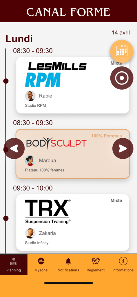Canal Forme - Mobile app interface displaying a daily schedule for fitness classes like RPM and TRX