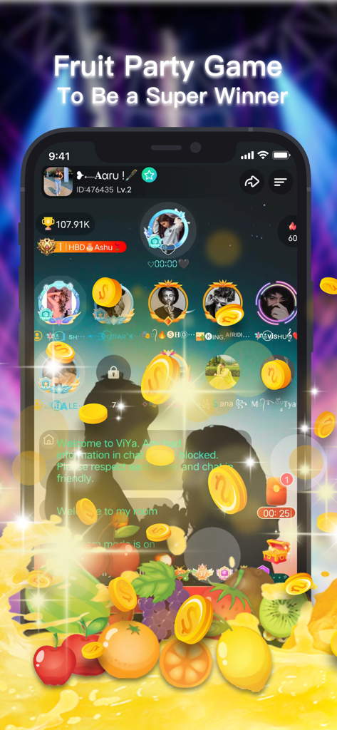 Interface du jeu Fruit Party sur l'application ViYa avec des pièces d'or tombantes et des graphismes de fruits vibrants.