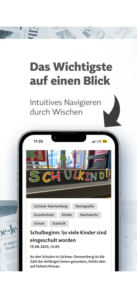 Smartphone displaying the Elbe-Jeetzel-Zeitung app with a local news article and swipe navigation indicator