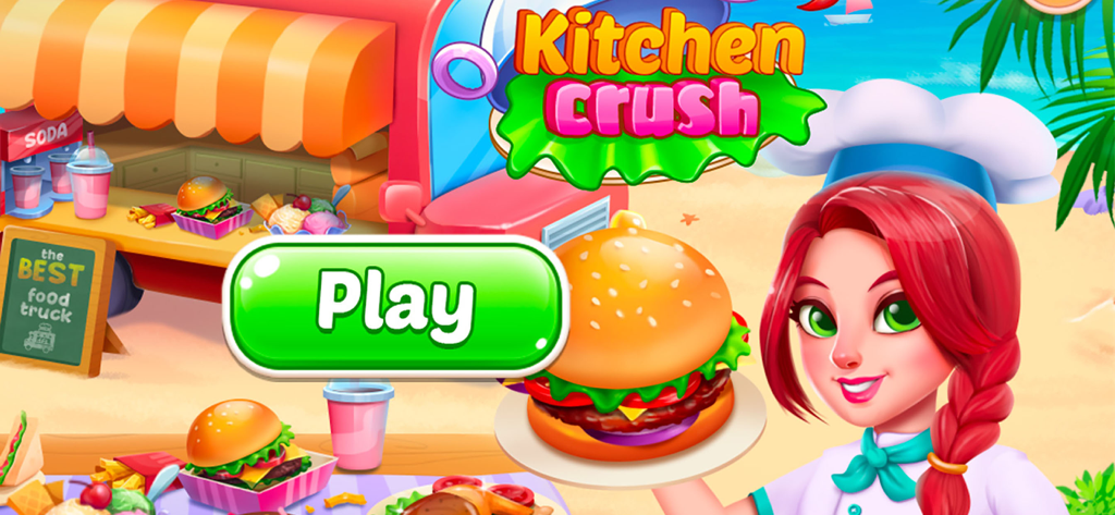 Kitchen Crush Restaurant Game start screen with a female chef and delicious burgers