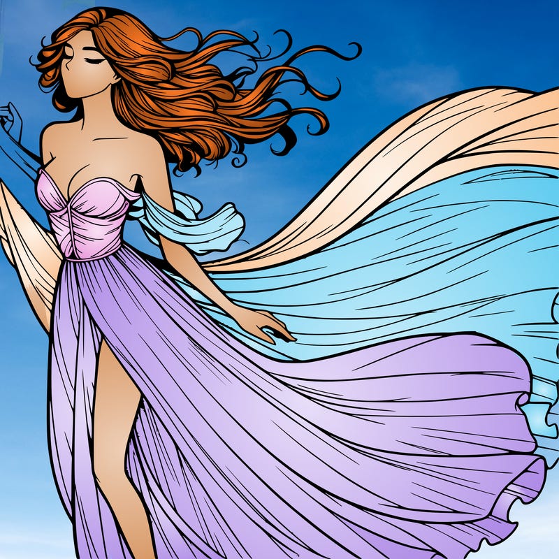 realistic woman in dress flowing the the wind