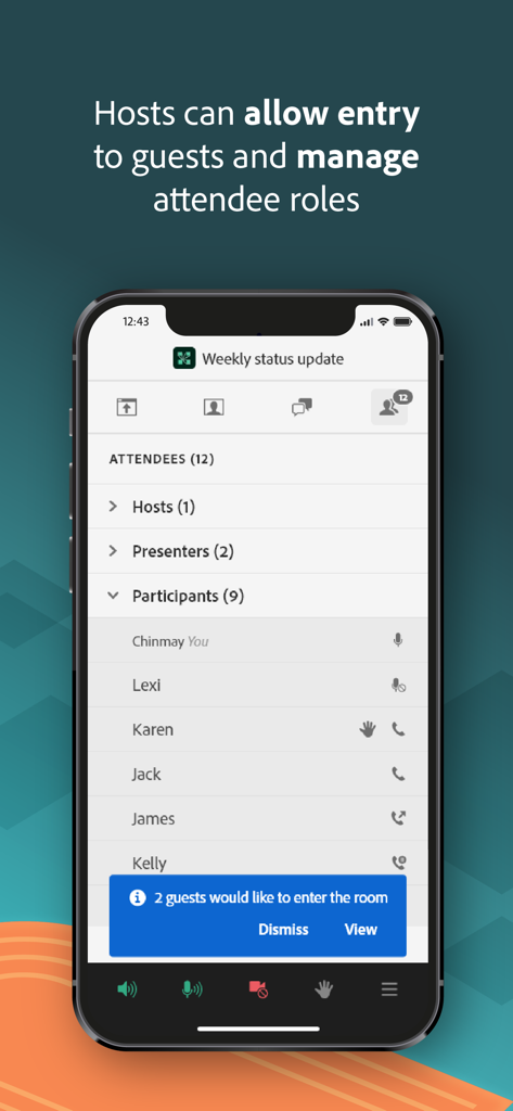 参加者リストとゲスト入場通知が表示されたAdobe Connectモバイルアプリのインターフェース