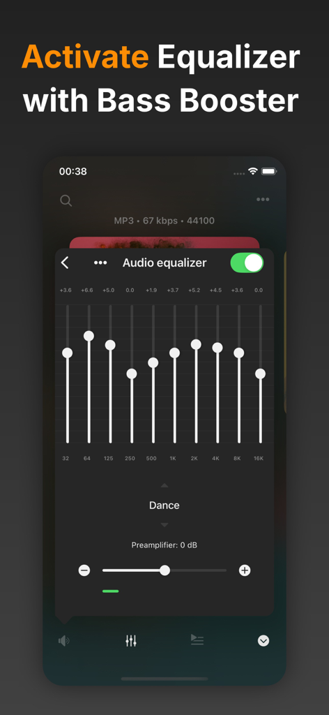 Flacbox: Hi-Res Music Player - Aplicación del reproductor de música Flacbox que muestra la interfaz del ecualizador de audio y el potenciador de bajos