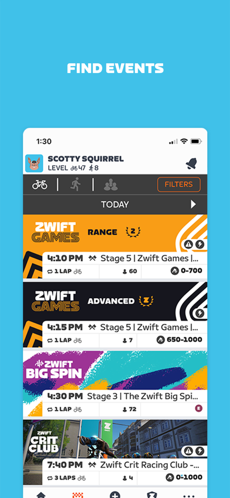 예정된 가상 사이클링 이벤트 및 경주 일정을 보여주는 Zwift Companion 앱 인터페이스