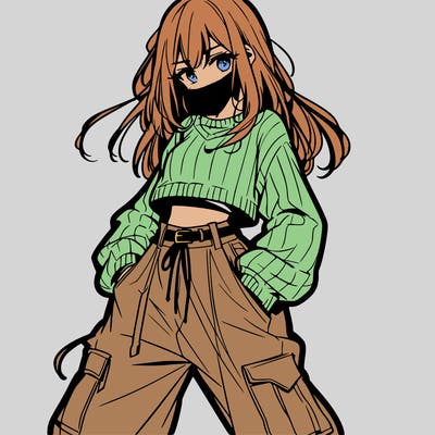 anime teen girl with baggy pants and crop top with sweater