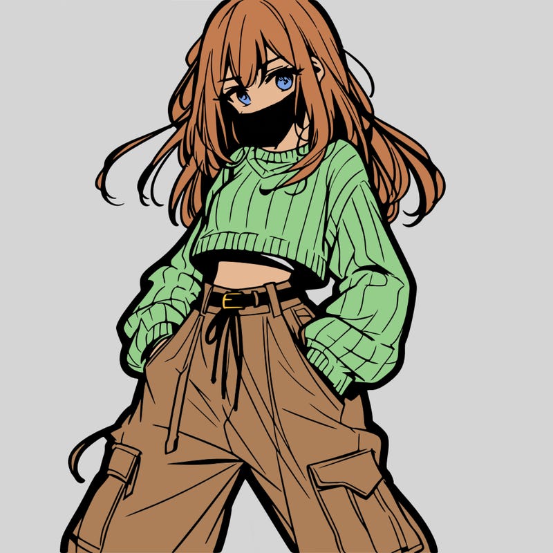 anime teen girl with baggy pants and crop top with sweater