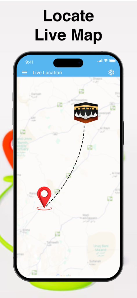 Compass App - Qibla finder - キブラの祈りのためのカアバへの方向を示すライブマップロケーションを備えたスマートフォン画面