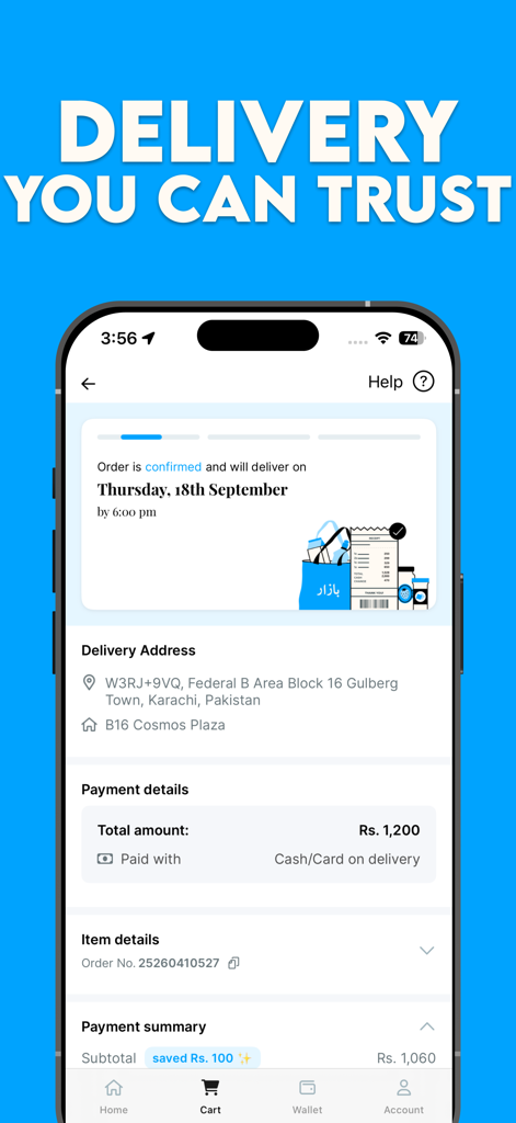 Bazaar app screen showing order confirmation and delivery details for Karachi Pakistan