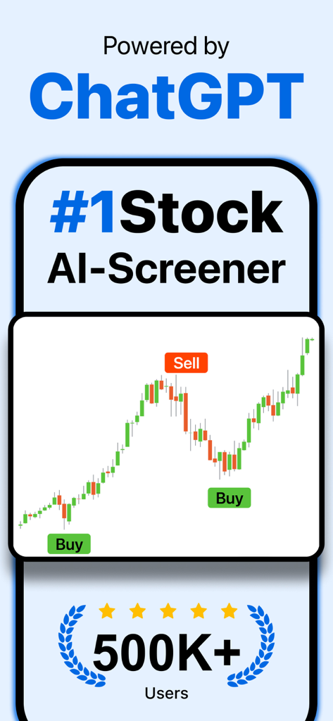 Stock Scanner Screener AI - Interfaz de Stock Scanner AI Screener mostrando integración con ChatGPT y señales de compra/venta en un gráfico de acciones de velas