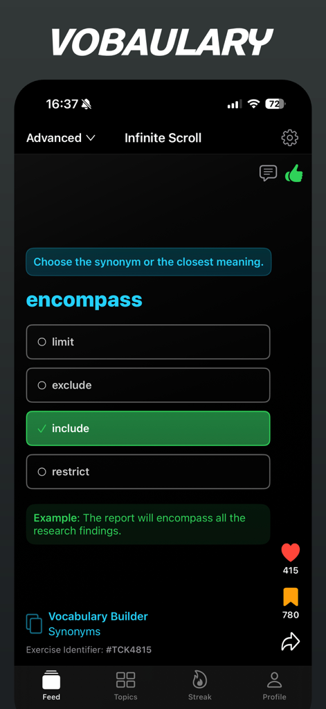 Esercizio di pratica di sinonimi di vocabolario inglese avanzato per la parola "encompass" nell'interfaccia dell'app mobile Cambridge English Shorts.