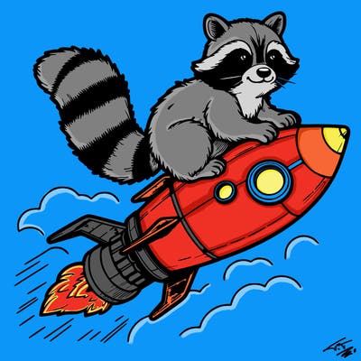 realistic raccoon flying on top rocket ship