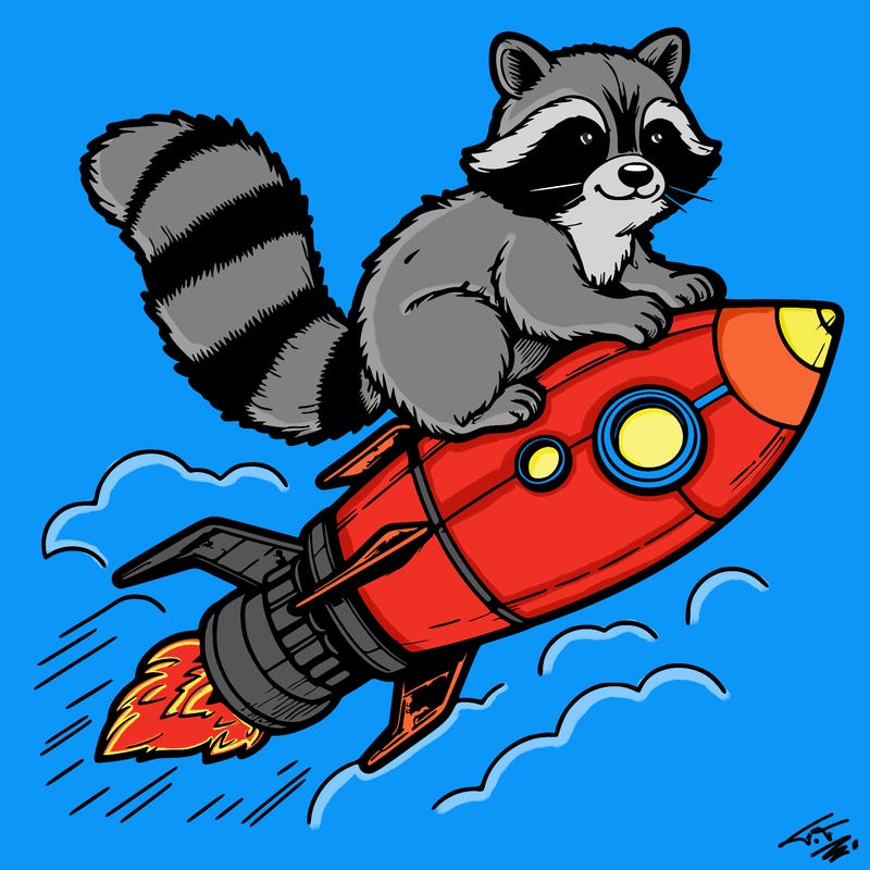 realistic raccoon flying on top rocket ship