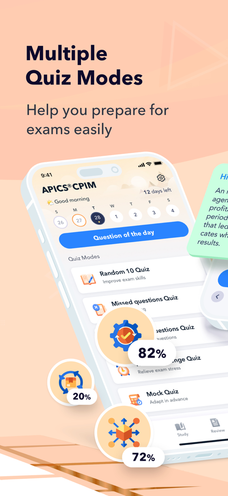 Interfaccia dell'app APICS CPIM Exam Prep che mostra modalità di quiz multiple tra cui 'Domanda del giorno' e 'Quiz da 10 casuali' con punteggi di monitoraggio dei progressi.