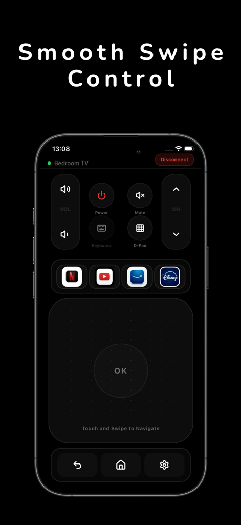 TV Remote Controller: Touchpad - UniRemote app interface on iPhone featuring a precision touchpad for smooth swipe navigation and streaming app shortcuts.
