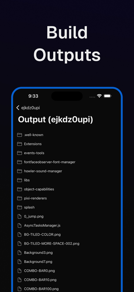 Vercel Mobile — Rev - Screenshot of Vercel Mobile Rev app displaying build output files and directories for a developer project.